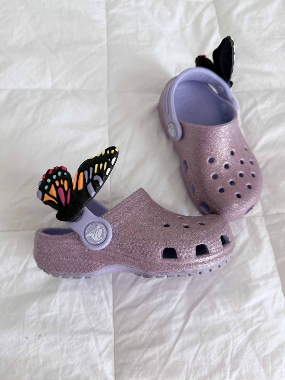 CROCS Glitter Kids Clogs in Lavender with Butterfly Charms